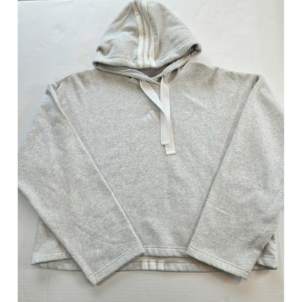 Adidas Womens Cropped Hoodie Light Grey Heather 3 Stripe Back Pullover Large NEW